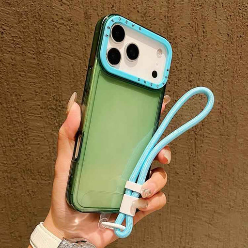 For iPhone 17 Pro Color Contrast Lens Frame Transparent TPU Phone Case with Lanyard(Green+Sky Blue)