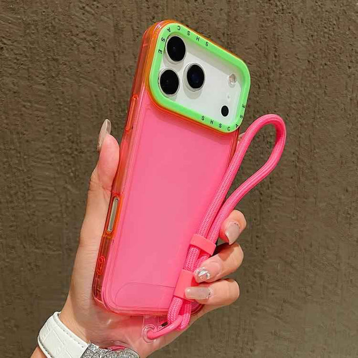 For iPhone 17 Pro Color Contrast Lens Frame Transparent TPU Phone Case with Lanyard(Rose Red+Green)