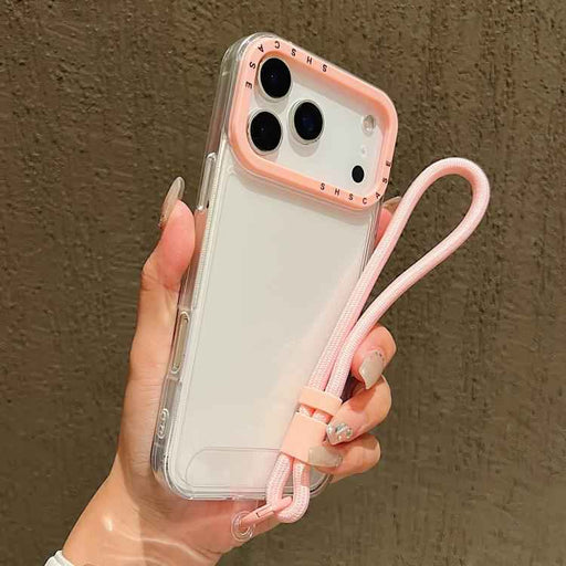 For iPhone 17 Pro Color Contrast Lens Frame Transparent TPU Phone Case with Lanyard(Transparent+Light Pink)