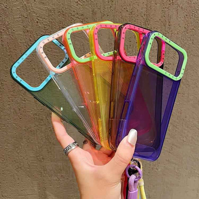 For iPhone 17 Pro Color Contrast Lens Frame Transparent TPU Phone Case with Lanyard(Transparent+Light Pink)