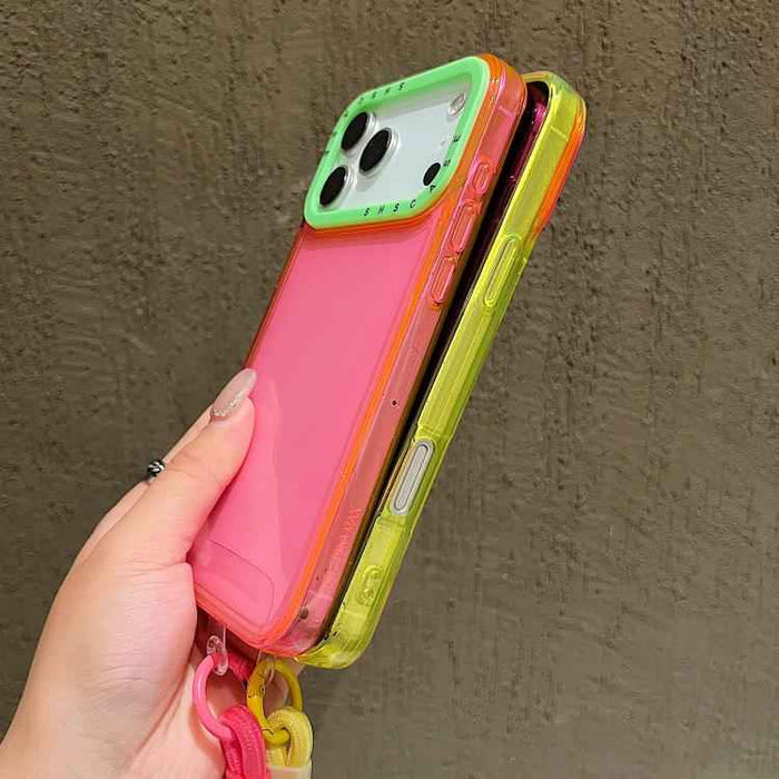 For iPhone 17 Pro Color Contrast Lens Frame Transparent TPU Phone Case with Lanyard(Purple+Green)