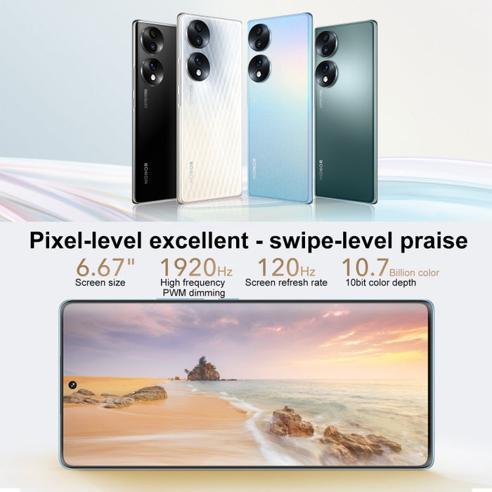 Triple Back Cameras, Screen Fingerprint Identification,  6.67 inch Magic UI 6.1 Qualcomm Snapdragon 778G Plus Octa Core up to 2.5GHz, Network: 5G, OTG, NFC, Not Support Google Play, Honor 70 5G 12GB+512GB
