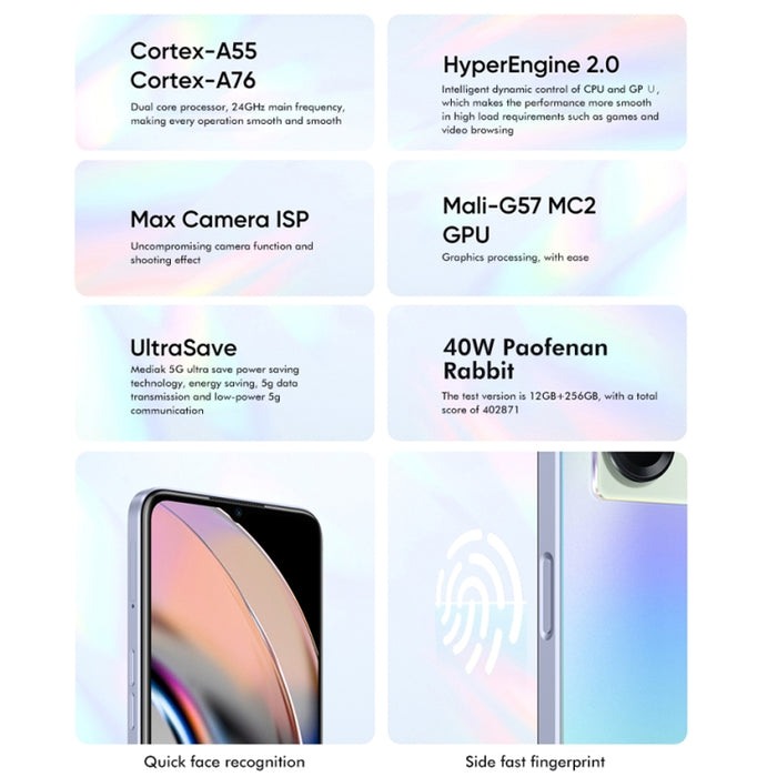 Dual Back Cameras, Side Fingerprint Identification, 5000mAh Battery, 6.58 inch Realme UI 3.0 / Android 12 MediaTek Dimensity 810 Octa Core up to 2.4GHz, Network: 5G, Support Google Play, 12GB+256GB