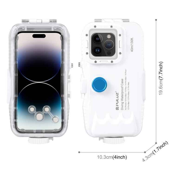 [US Warehouse] PULUZ 40m/130ft Waterproof Diving Case for iPhone 15 Pro Max / 15 Plus / 14 Plus / 14 Pro Max / 13 Pro Max / 12 Pro Max / 11 Pro Max, with One-way Valve Photo Video Taking Underwater Housing Cover