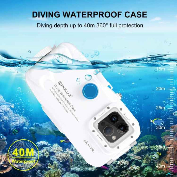 [US Warehouse] PULUZ 40m/130ft Waterproof Diving Case for iPhone 15 Pro Max / 15 Plus / 14 Plus / 14 Pro Max / 13 Pro Max / 12 Pro Max / 11 Pro Max, with One-way Valve Photo Video Taking Underwater Housing Cover
