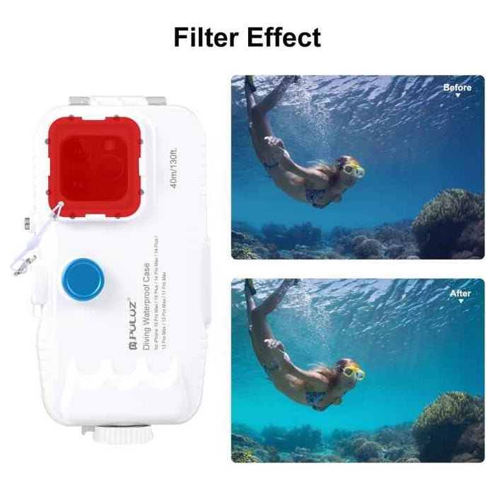 [US Warehouse] PULUZ 40m/130ft Waterproof Diving Case for iPhone 15 Pro Max / 15 Plus / 14 Plus / 14 Pro Max / 13 Pro Max / 12 Pro Max / 11 Pro Max, with One-way Valve Photo Video Taking Underwater Housing Cover