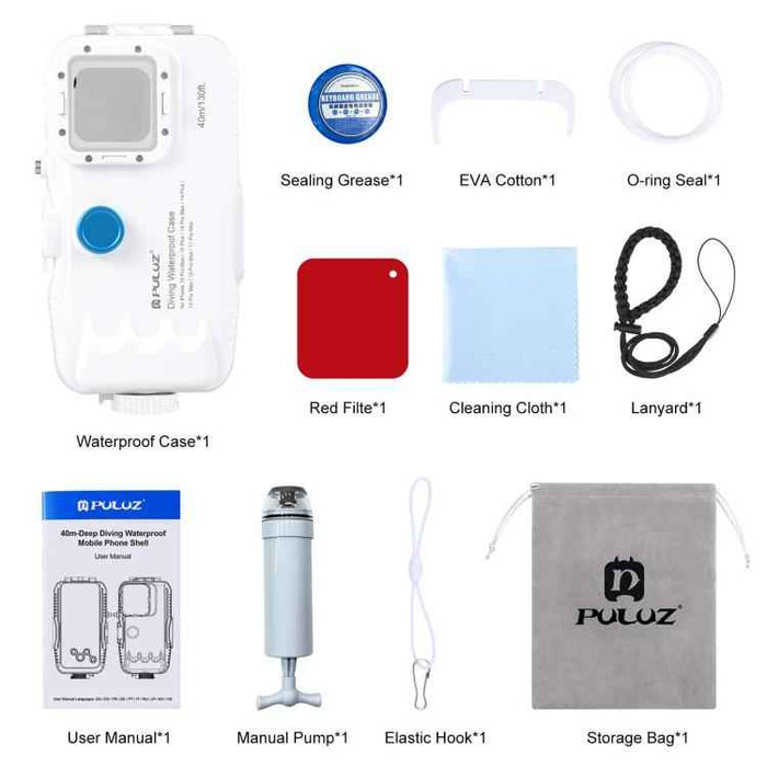 [US Warehouse] PULUZ 40m/130ft Waterproof Diving Case for iPhone 15 Pro Max / 15 Plus / 14 Plus / 14 Pro Max / 13 Pro Max / 12 Pro Max / 11 Pro Max, with One-way Valve Photo Video Taking Underwater Housing Cover