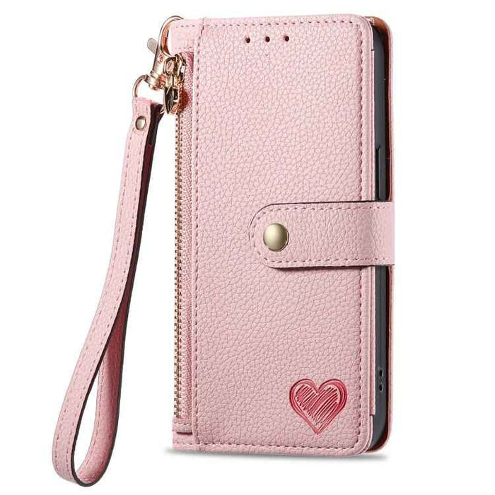 For iPhone 17 Love Zipper Lanyard Leather Phone Case(Pink)