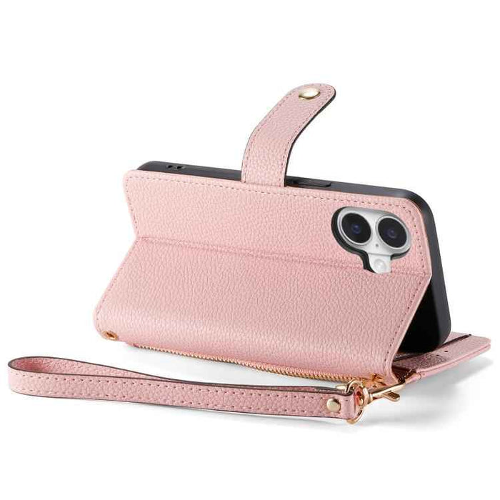 For iPhone 17 Love Zipper Lanyard Leather Phone Case(Pink)