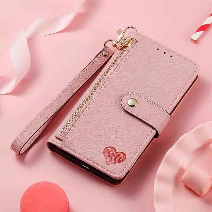 For iPhone 17 Love Zipper Lanyard Leather Phone Case(Pink)