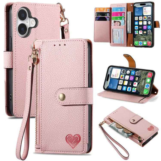 For iPhone 17 Love Zipper Lanyard Leather Phone Case(Pink)