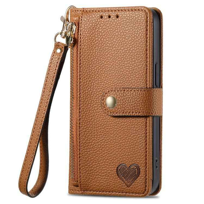 For iPhone 17 Love Zipper Lanyard Leather Phone Case(Brown)
