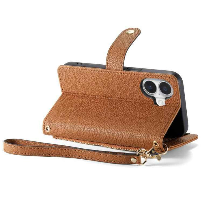 For iPhone 17 Love Zipper Lanyard Leather Phone Case(Brown)