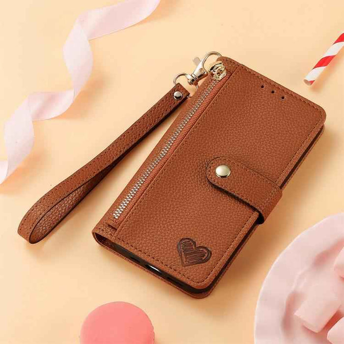 For iPhone 17 Love Zipper Lanyard Leather Phone Case(Brown)