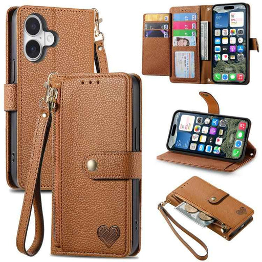 For iPhone 17 Love Zipper Lanyard Leather Phone Case(Brown)