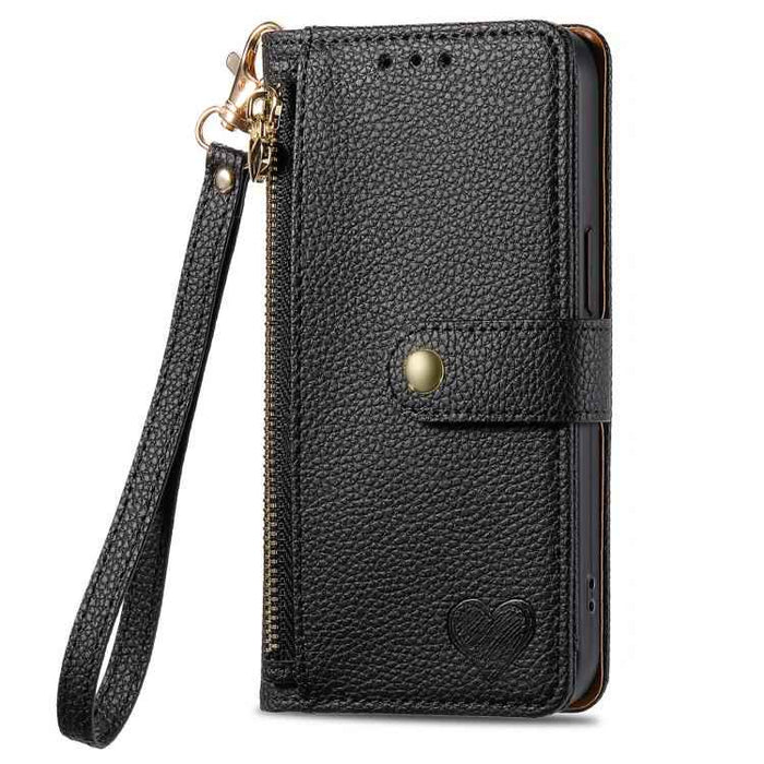 For iPhone 17 Love Zipper Lanyard Leather Phone Case(Black)