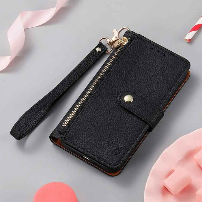 For iPhone 17 Love Zipper Lanyard Leather Phone Case(Black)
