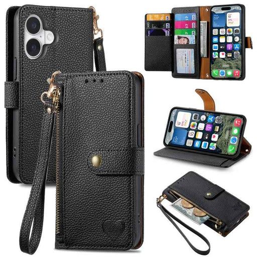 For iPhone 17 Love Zipper Lanyard Leather Phone Case(Black)