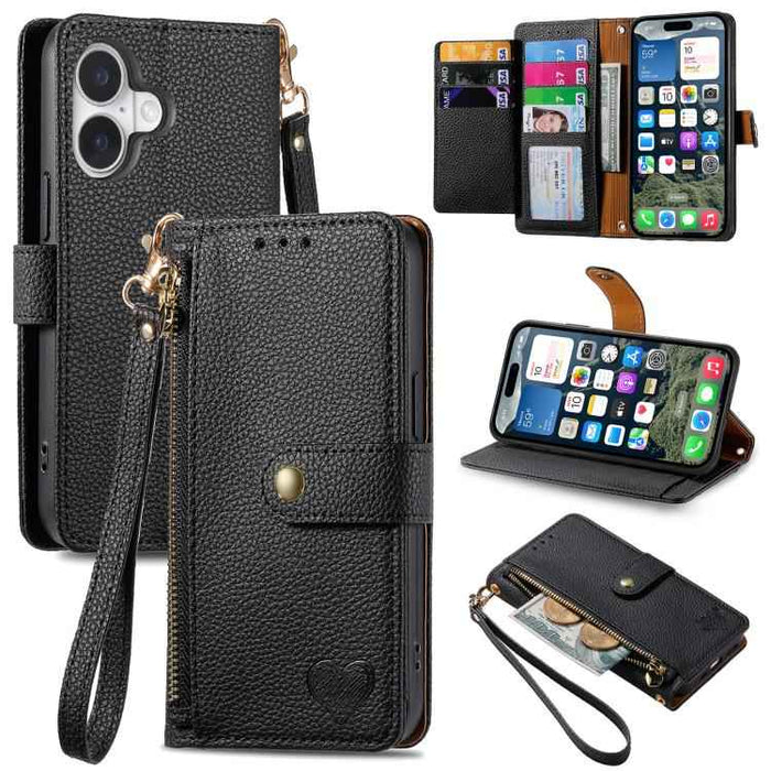 For iPhone 17 Love Zipper Lanyard Leather Phone Case(Black)