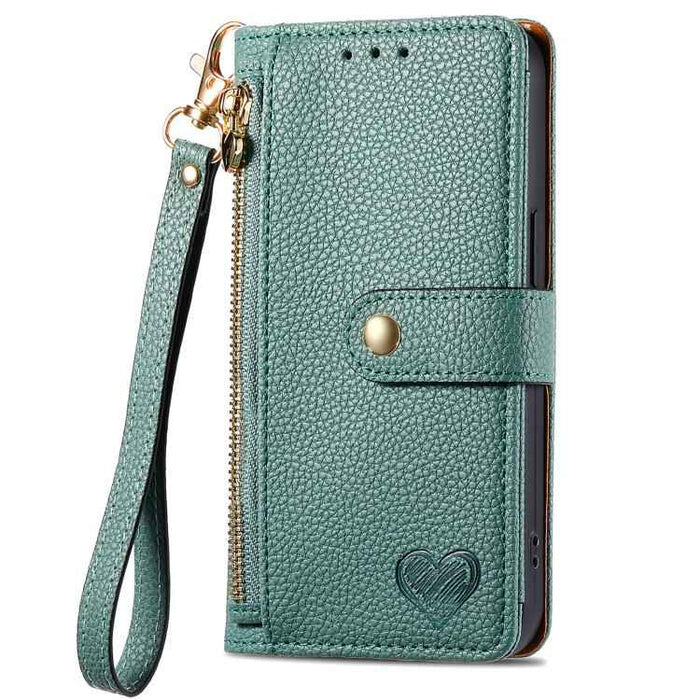 For iPhone 17 Love Zipper Lanyard Leather Phone Case(Green)