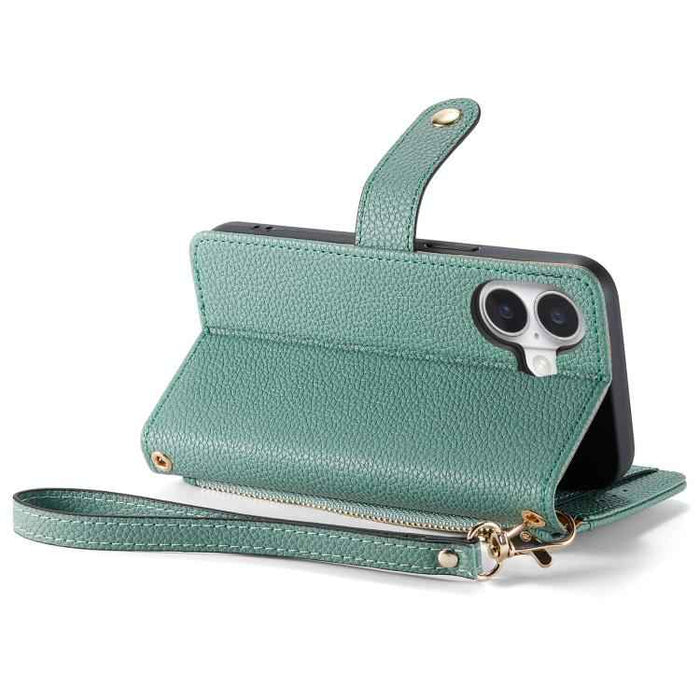 For iPhone 17 Love Zipper Lanyard Leather Phone Case(Green)