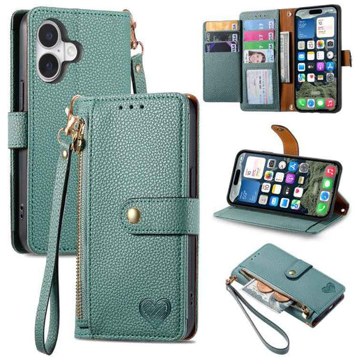 For iPhone 17 Love Zipper Lanyard Leather Phone Case(Green)