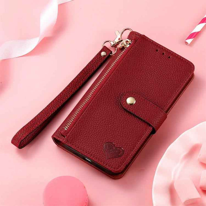 For iPhone 17 Love Zipper Lanyard Leather Phone Case(Red)