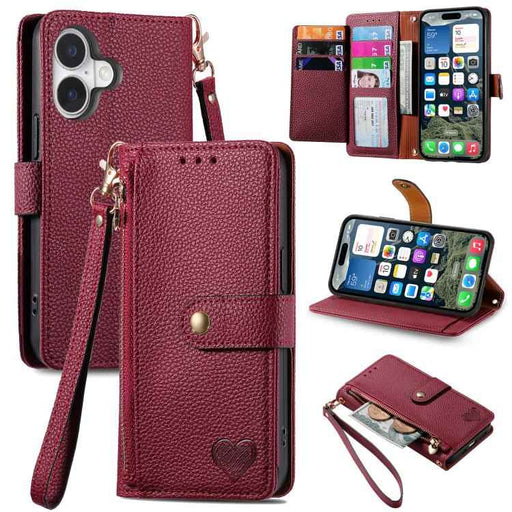 For iPhone 17 Love Zipper Lanyard Leather Phone Case(Red)