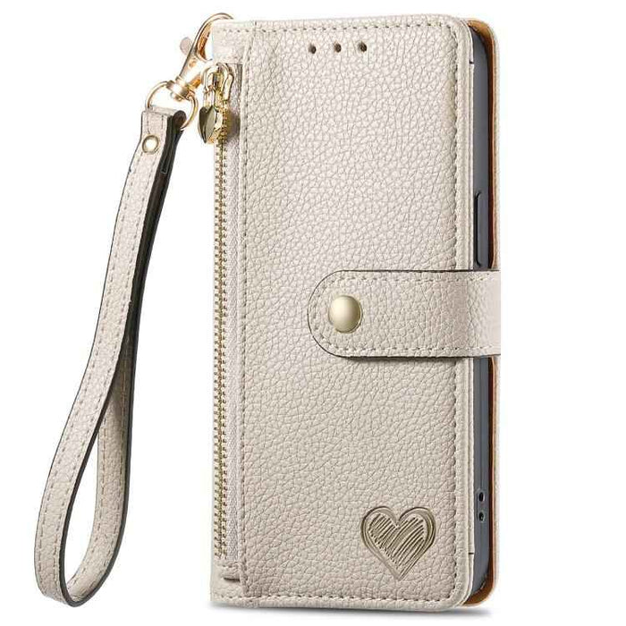 For iPhone 17 Love Zipper Lanyard Leather Phone Case(Gray)