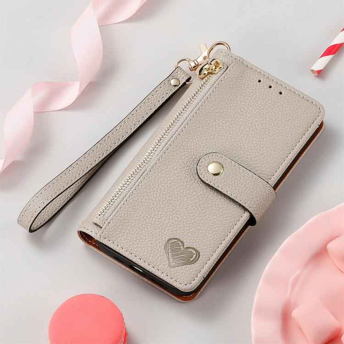 For iPhone 17 Love Zipper Lanyard Leather Phone Case(Gray)