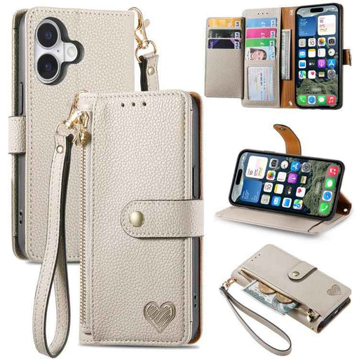 For iPhone 17 Love Zipper Lanyard Leather Phone Case(Gray)