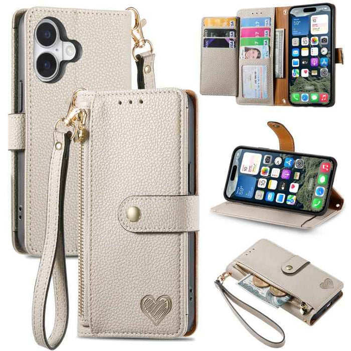 For iPhone 17 Love Zipper Lanyard Leather Phone Case(Gray)