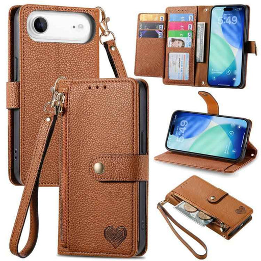 For iPhone Air Love Zipper Lanyard Leather Phone Case(Brown)