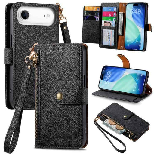 For iPhone Air Love Zipper Lanyard Leather Phone Case(Black)