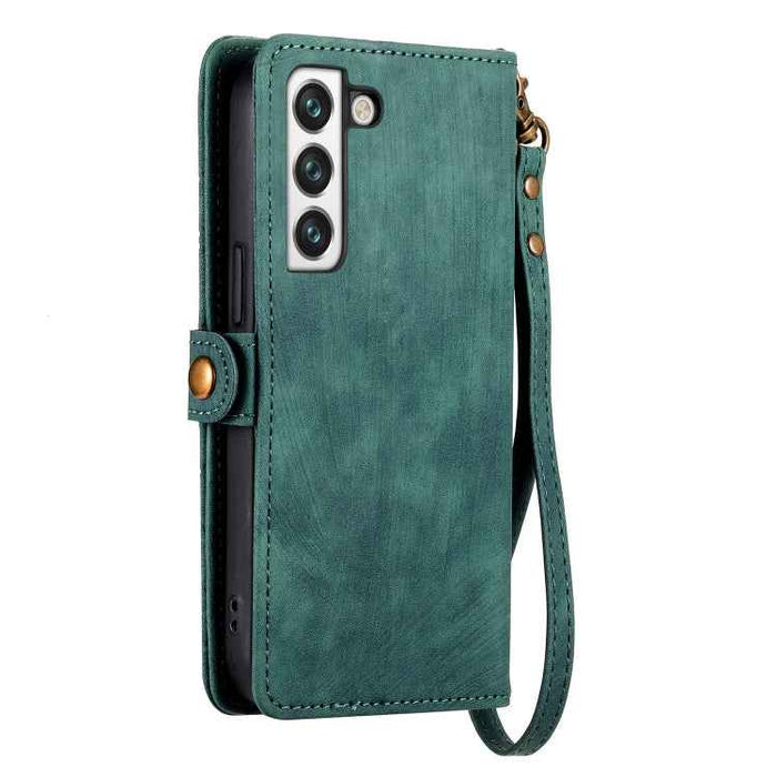 For Samsung Galaxy S22 5G Geometric Zipper Wallet Side Buckle Leather Phone Case(Green)
