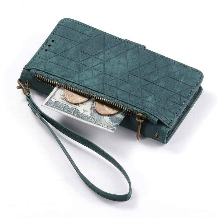 For Samsung Galaxy S22 5G Geometric Zipper Wallet Side Buckle Leather Phone Case(Green)