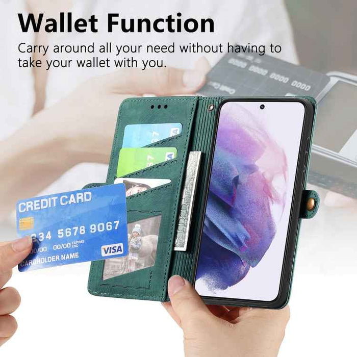 For Samsung Galaxy S22 5G Geometric Zipper Wallet Side Buckle Leather Phone Case(Green)