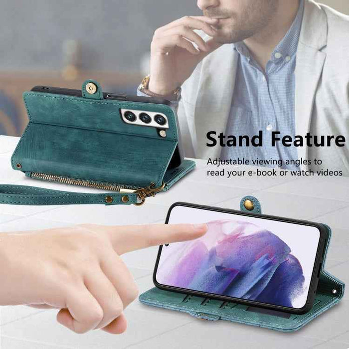For Samsung Galaxy S22 5G Geometric Zipper Wallet Side Buckle Leather Phone Case(Green)
