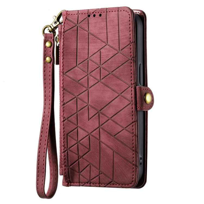For Samsung Galaxy S22 5G Geometric Zipper Wallet Side Buckle Leather Phone Case(Red)