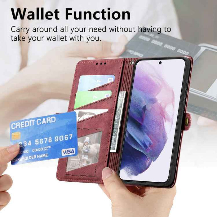 For Samsung Galaxy S22 5G Geometric Zipper Wallet Side Buckle Leather Phone Case(Red)