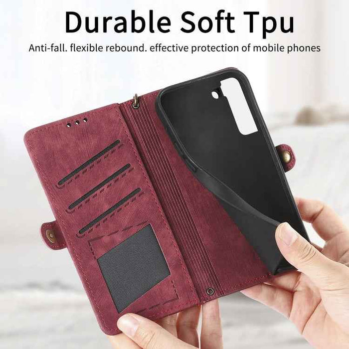 For Samsung Galaxy S22 5G Geometric Zipper Wallet Side Buckle Leather Phone Case(Red)