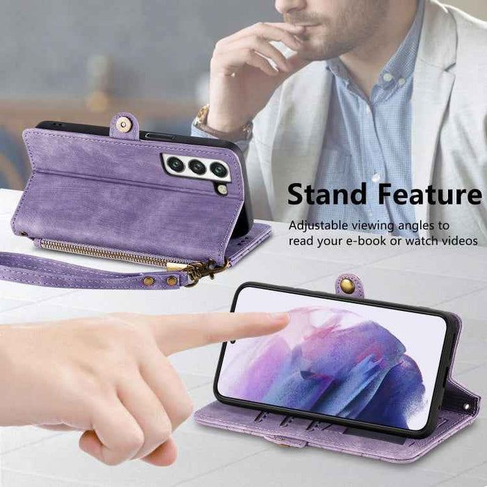 For Samsung Galaxy S22 5G Geometric Zipper Wallet Side Buckle Leather Phone Case(Purple)