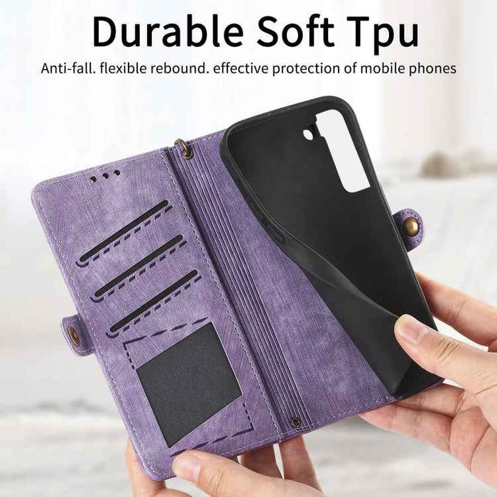 For Samsung Galaxy S22 5G Geometric Zipper Wallet Side Buckle Leather Phone Case(Purple)
