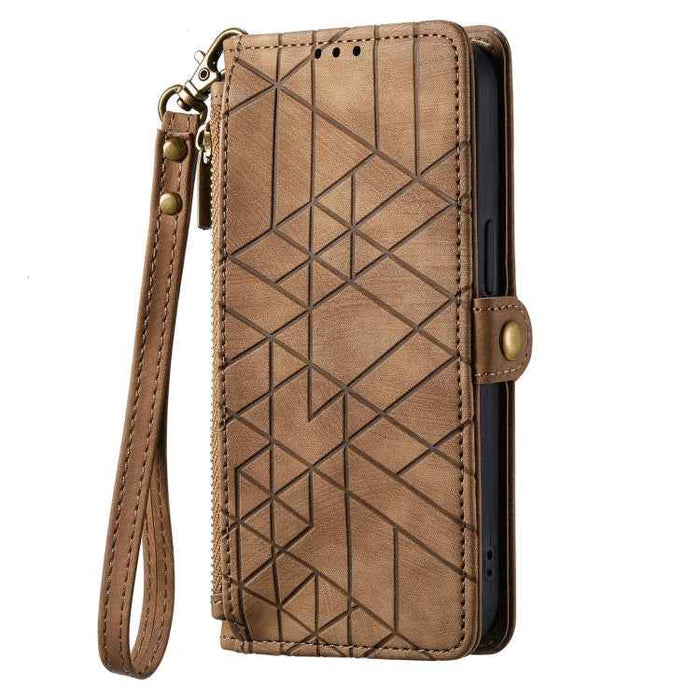 For Samsung Galaxy S22 5G Geometric Zipper Wallet Side Buckle Leather Phone Case(Brown)