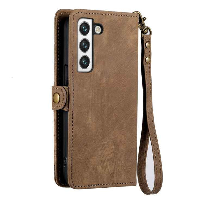 For Samsung Galaxy S22 5G Geometric Zipper Wallet Side Buckle Leather Phone Case(Brown)