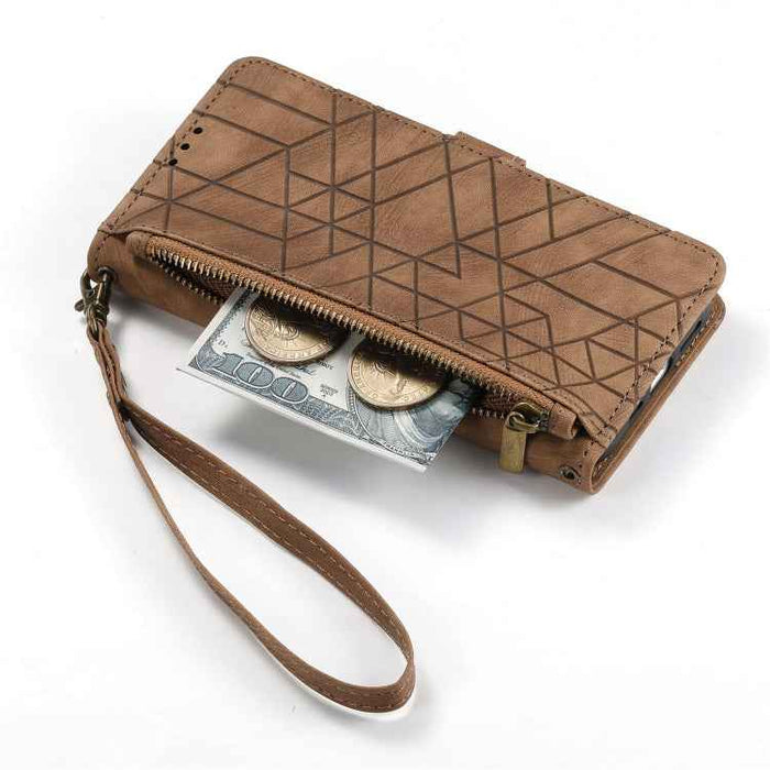 For Samsung Galaxy S22 5G Geometric Zipper Wallet Side Buckle Leather Phone Case(Brown)