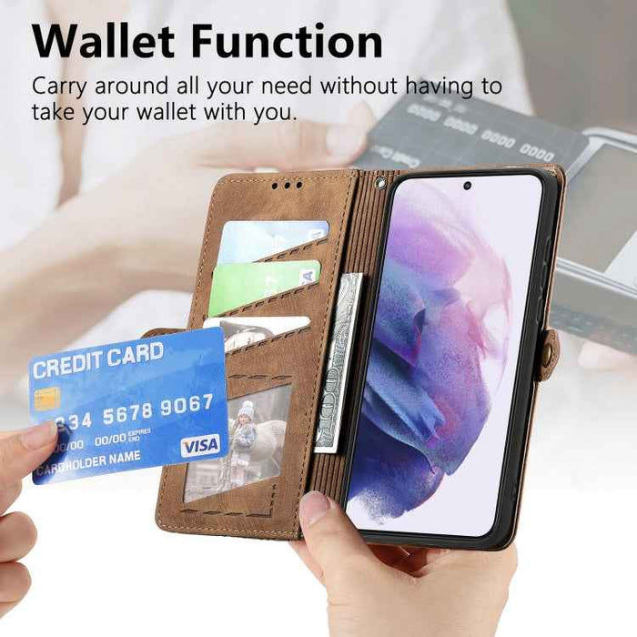 For Samsung Galaxy S22 5G Geometric Zipper Wallet Side Buckle Leather Phone Case(Brown)