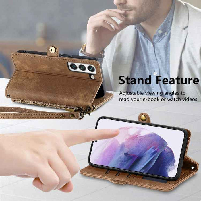 For Samsung Galaxy S22 5G Geometric Zipper Wallet Side Buckle Leather Phone Case(Brown)