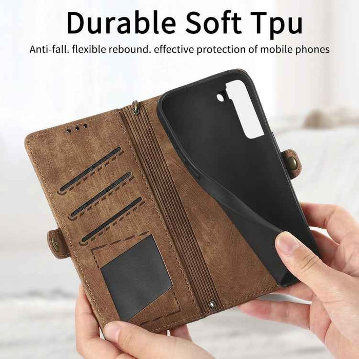 For Samsung Galaxy S22 5G Geometric Zipper Wallet Side Buckle Leather Phone Case(Brown)