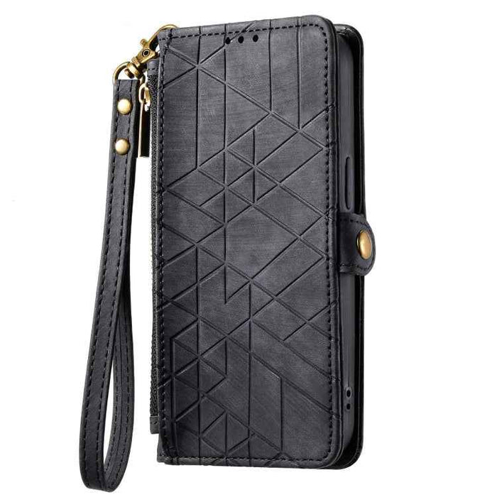 For Samsung Galaxy S22 5G Geometric Zipper Wallet Side Buckle Leather Phone Case(Black)